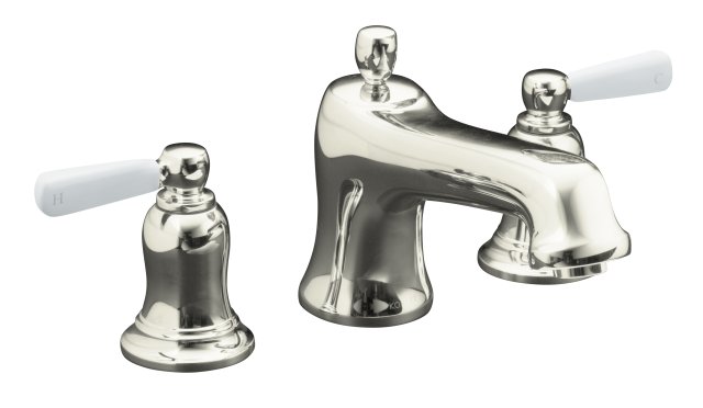 Kohler K-T10592-4P-SN; Bancroft (R) deck-mount bath faucet trim with White ceramic lever handles valve not included; in Vibrant Polished Nickel; Discontinued Product