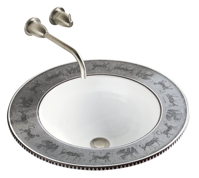 Kohler K-14283-MP Mythical Beasts(TM) design on Camber(R) self-rimming lavatory with Platinum textured rim and no faucet drillings