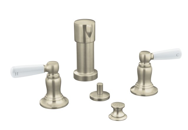 Kohler K-10586-4P-BN; Bancroft (R) bidet faucet with White ceramic lever handles; in Vibrant Brushed Nickel; Discontinued Product