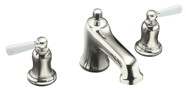 Kohler K-T10585-4P-SN; Bancroft (R) bath- or deck-mount high-flow bath faucet trim with White ceramic lever handles valve not included; in Vibrant Polished Nickel; Discontinued Product
