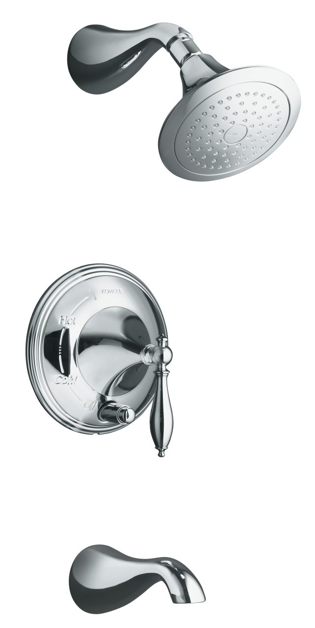 Kohler K-T312-4M Finial(R) Traditional Rite-Temp(R) pressure-balancing bath and shower faucet trim with push-button diverter and lever handle valve not included