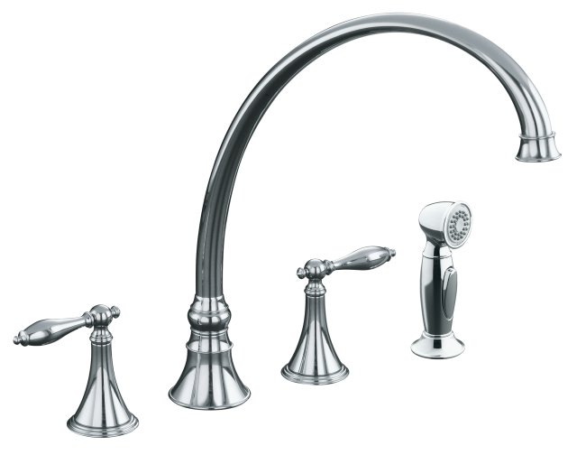 Kohler K-378-4M Finial(R) Traditional kitchen sink faucet with 11-13/16"" spout reach lever handles and sidespray