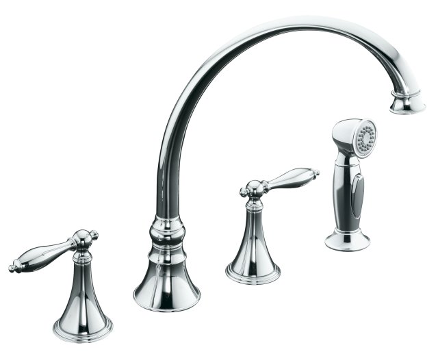 Kohler K-377-4M Finial(R) Traditional kitchen sink faucet with 9-3/16"" spout reach lever handles and sidespray