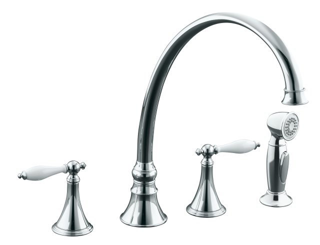 Kohler K-378-4P Finial(R) Traditional kitchen sink faucet with 11-13/16"" spout reach lever handles with White inserts and sidespray