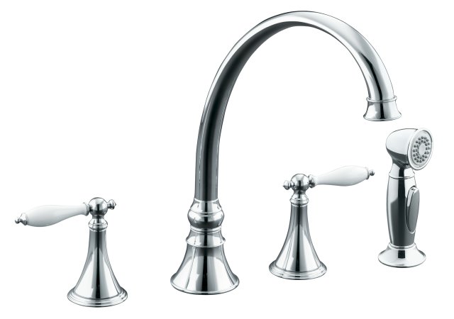 Kohler K-377-4P Finial(R) Traditional kitchen sink faucet with 9-3/16"" spout reach lever handles with White inserts and sidespray