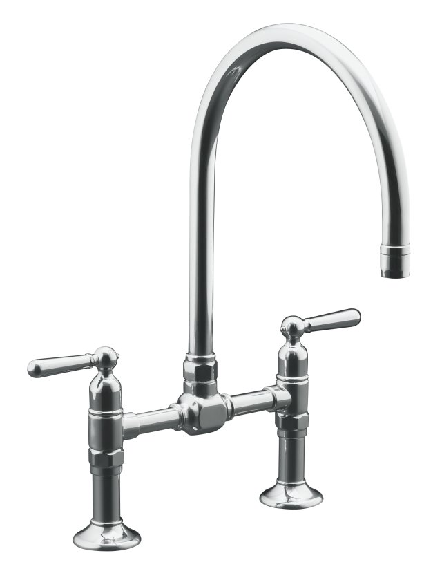 Kohler K-7337-4-S; HiRise (TM) stainless deck mount bridge kitchen faucet; in Polished Stainless; Discontinued Product