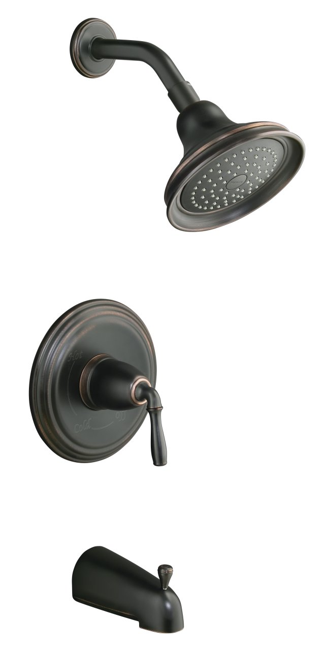 Kohler K-T395-4S-BRZ; Devonshire (R) Rite-Temp (R) pressure-balancing bath and shower faucet trim with lever handle and slip-fit spout, valve not included; in Oil-Rubbed Bronze; Discontinued Product
