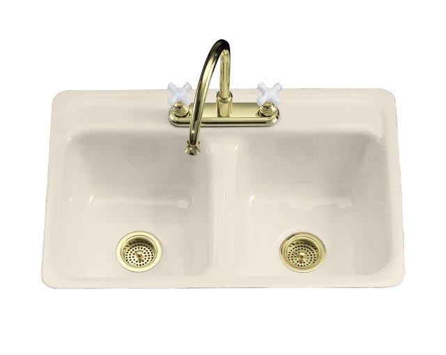 Kohler K-5950-4; Delafield (R); 32"" x 21"" x 8-1/2"" tile-in/metal frame double-equal kitchen sink with 4 faucet holes repair replacement technical part breakdown