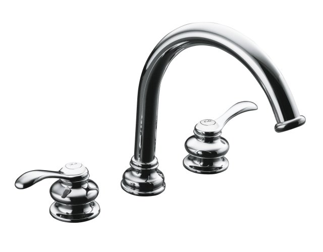 Kohler K-T12885-4-CP; Fairfax (R) deck-mount bath faucet trim with lever handles and traditional non-diverter slip-fit spout valve not included; in Polished Chrome; Discontinued Product