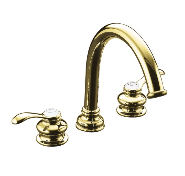 Kohler K-T12885-4-PB; Fairfax (R) deck-mount bath faucet trim with lever handles and traditional non-diverter slip-fit spout, valve not included; in Vibrant Polished Brass; Discontinued Product - Use Kohler K-T12885-4