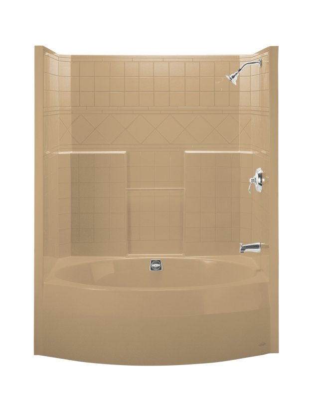 Kohler K-1637-33; Terracina (R) 5' one-piece bath and shower module with tile-look walls clear acrylic grab bar and two integral ledges; in Mexican Sand; Discontinued Product