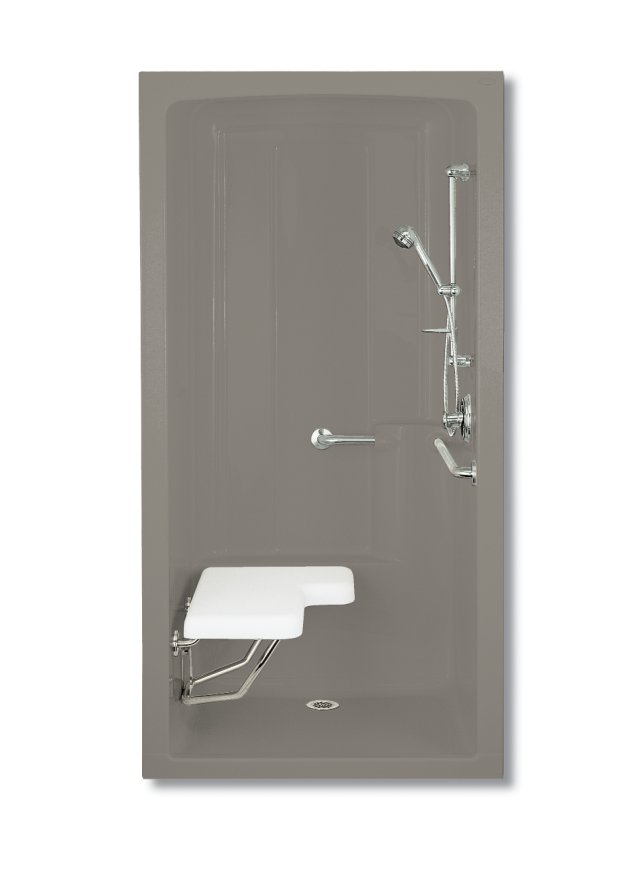 Kohler K-12101-C Freewill(R) barrier-free transfer shower module with brushed stainless steel grab bars and seat on left 45"" x 37-1/4"" x 84""