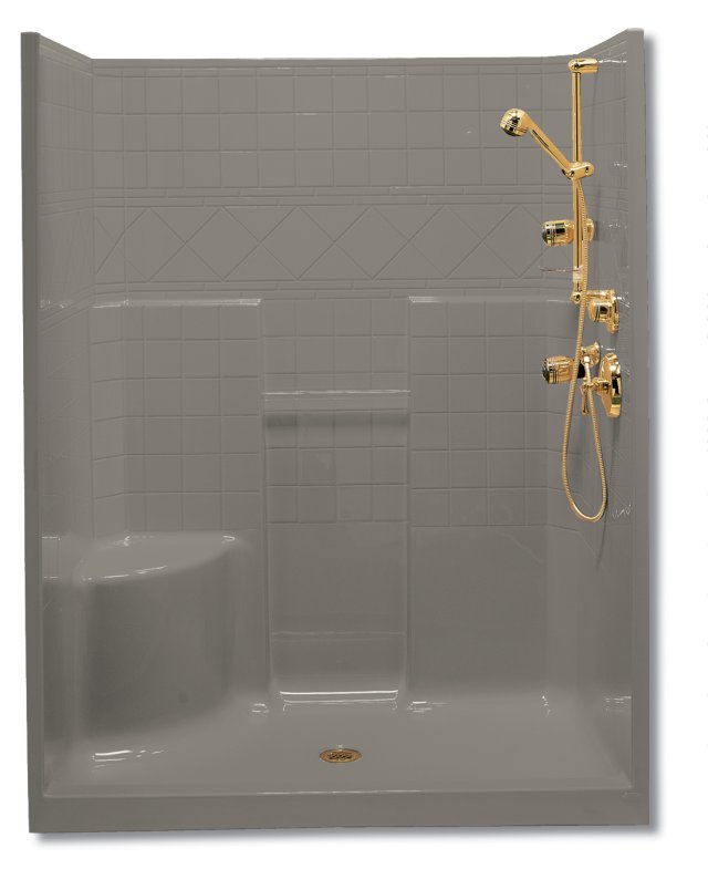 Kohler K-1631 Terracina(R) 5' one-piece shower module with tile-look walls clear acrylic grab bar integral corner seat at left 59-3/4"" x 36"" x 76-1/2""