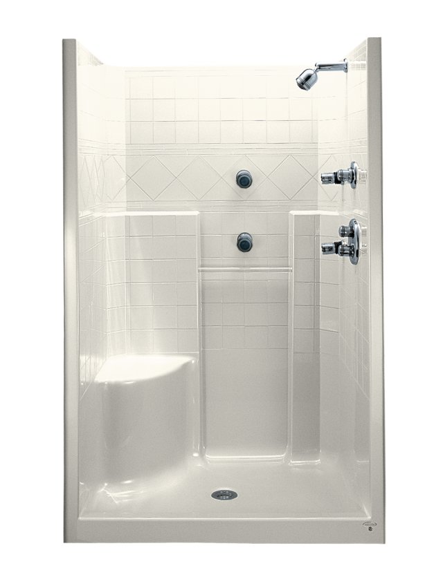 Kohler K-1539 Terracina(R) 4' one-piece tile-look walls shower module with clear acrylic grab bar and integral corner seat at left