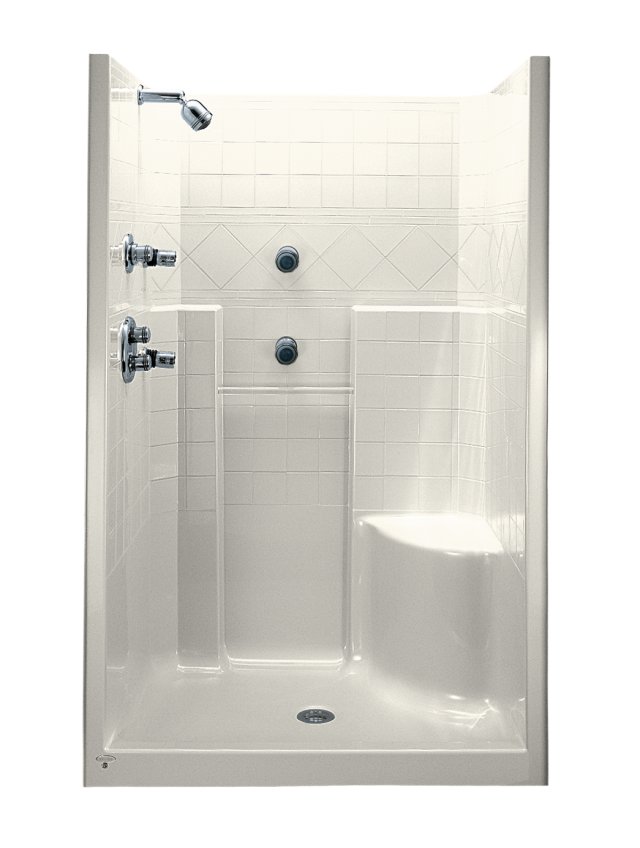 Kohler K-1540 Terracina(R) 4' one-piece tile-look walls shower module with clear acrylic grab bar and integral corner seat at right