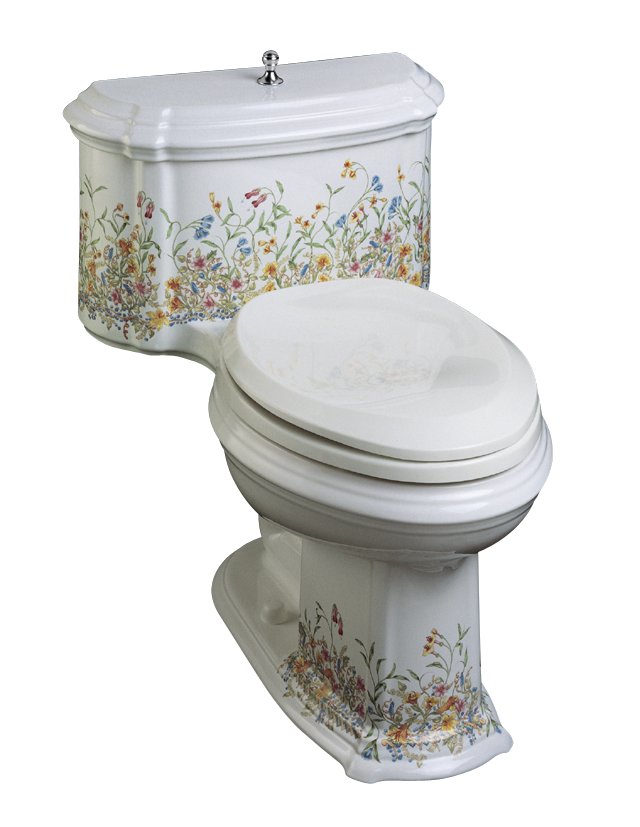 Kohler K-14261-FL English Trellis design on White background Portrait(R) Comfort Height(TM) one-piece toilet with Polished Chrome trip lever