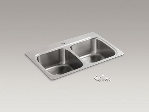 Kohler K-5267-1; Verse (TM); 33"" x 22"" x 9-1/4"" top-mount double-equal bowl kitchen sink with single faucet hole repair replacement technical part breakdown