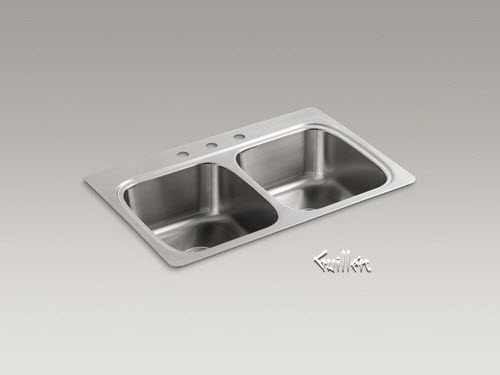 Kohler K-5267-3; Verse (TM); 33"" x 22"" x 9-1/4"" top-mount double-equal bowl kitchen sink with 3 faucet holes repair replacement technical part breakdown