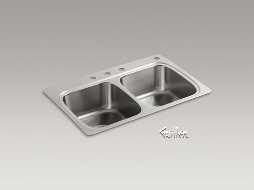 Kohler K-5267-4; Verse (TM); 33"" x 22"" x 9-1/4"" top-mount double-equal bowl kitchen sink with 4 faucet holes repair replacement technical part breakdown