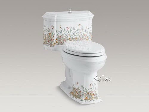 Kohler K-19002-FL; English Trellis design on White background Portrait (R); Comfort Height (R) one-piece compact elongated 1.28 gpf toilet with AquaPiston (R); flush technology and lift knob actuator repair replacement technical part breakdown