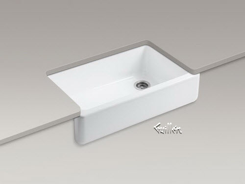 Kohler K-6489; Whitehaven (R) ;Self-Trimming (R) 35-11/16"" x 21-9/16"" x 9-5/8"" under-mount single-bowl kitchen sink with tall apron repair replacement technical part breakdown