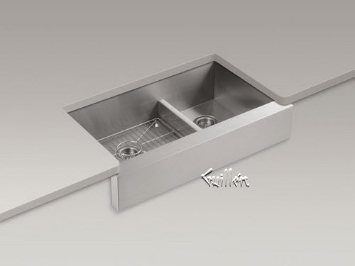 Kohler K-3945; Vault (TM); 35-1/2"" x 21-1/4"" x 9-5/16"" under-mount Smart Divide (R); large/medium double-bowl kitchen sink stainless steel with shortened apron-front for 36"" cabinet repair replacement technical part breakdown