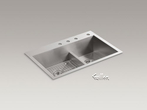 Kohler K-3839-4; Vault (TM); 33"" x 22"" x 9-5/16"" Smart Divide (R); top-mount/under-mount large/medium double-bowl kitchen sink with 4 faucet holes repair replacement technical part breakdown