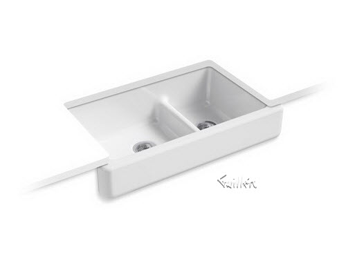 Kohler K-6426; Whitehaven (R); Self-Trimming (R) Smart Divide (R) 35-1/2"" x 21-9/16"" x 9-5/8"" under-mount large/medium double-bowl kitchen sink with short apron repair replacement technical part breakdown