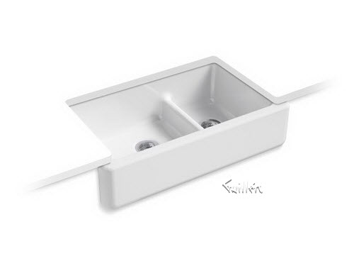 Kohler K-6427; Whitehaven (R); Self-Trimming (R) Smart Divide (R) 35-11/16"" x 21-9/16"" x 9-5/8"" under-mount large/medium double-bowl kitchen sink with tall apron repair replacement technical part breakdown