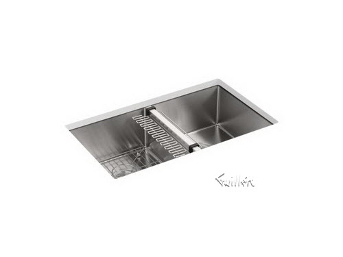 Kohler K-5281; Strive (TM); 32"" x 18-1/4"" x 9-5/16"" under-mount double-equal kitchen sink with basin rack repair replacement technical part breakdown
