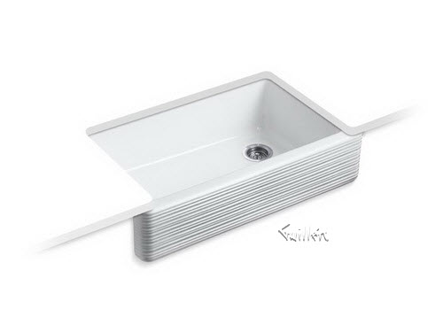 Kohler K-6351; Whitehaven (R) ;Self-Trimming (R) 35-11/16"" x 21-9/16"" x 9-5/8"" under-mount single-bowl kitchen sink with tall apron and Hayridge (TM);design repair replacement technical part breakdown