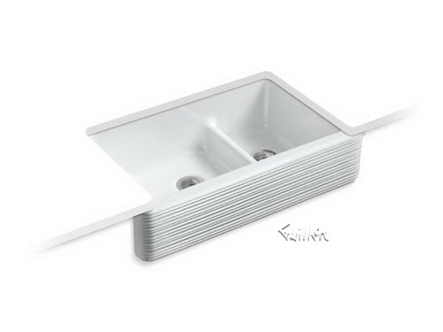 Kohler K-6349; Whitehaven (R); Self-Trimming (R) Smart Divide (R) 35-11/16"" x 21-9/16"" x 9-5/8"" under-mount large/medium double-bowl kitchen sink with tall apron and Hayridge (TM); design repair replacement technical part breakdown