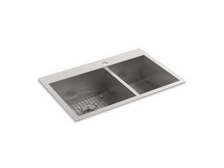 Kohler K-3823-1; Vault (TM); 33"" x 22"" x 9-5/16"" top-mount/under-mount large/medium double-bowl kitchen sink with single faucet hole repair replacement technical part breakdown