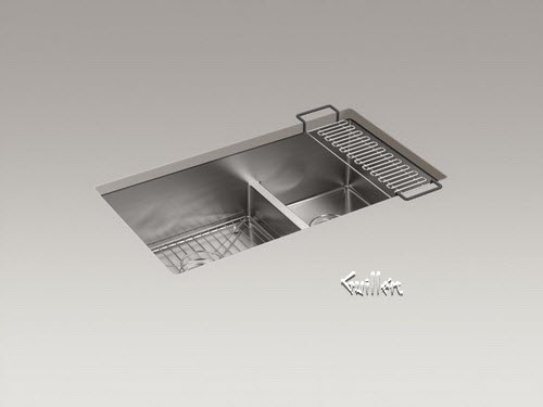 Kohler K-5284; Strive (TM); 32"" x 18-5/16"" x 9-5/16"" Smart Divide (R); under-mount large/medium double-bowl kitchen sink with basin rack repair replacement technical part breakdown