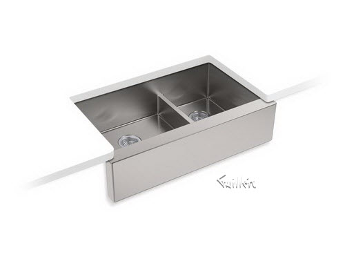Kohler K-5416; Strive (TM); Self-Trimming (R); SmartDivide (R); 35-1/2"" x 21-1/4"" x 9-5/16"" under-mount large/medium double-bowl kitchen sink with tall apron repair replacement technical part breakdown