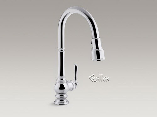 Kohler K-99259-CP; Artifacts (R); single-hole kitchen sink faucet with 17-5/8"" pull-down spout and turned lever handle DockNetik (TM) magnetic docking system and 3-function sprayhead featuring Sweep (TM) and BerrySoft (TM) spray; in Polished Chrome