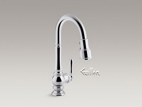 Kohler K-99261; Artifacts (R) ; single-hole kitchen sink faucet with 16"""" pull-down spout and turned lever handle DockNetik (TM) magnetic docking system and 3-function sprayhead featuring Sweep (TM) and BerrySoft (TM) spray repair replacement technical part breakdown