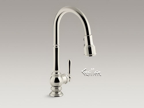 Kohler K-99259-SN; Artifacts(R); single-hole kitchen sink faucet with 17-5/8" pull-down spout and turned lever handle DockNetik(TM) magnetic docking system and 3-function sprayhead featuring Sweep(TM) and BerrySoft(TM) spray; in Vibrant Polished Nickel