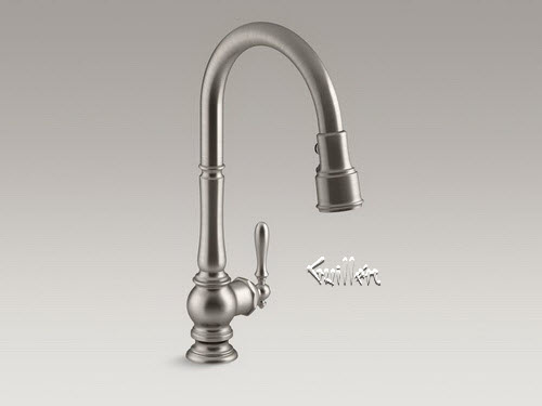 Kohler K-99259-VS; Artifacts (R); single-hole kitchen sink faucet with 17-5/8"" pull-down spout and turned lever handle DockNetik (TM) magnetic docking system and 3-function sprayhead featuring Sweep (TM) and BerrySoft (TM) spray; in Vibrant Stainless