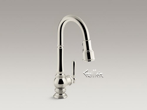 Kohler K-99261-SN; Artifacts (R); single-hole kitchen sink faucet with 16" pull-down spout and turned lever handle DockNetik (TM) magnetic docking system and 3-function sprayhead featuring Sweep (TM) and BerrySoft (TM) spray; in Vibrant Polished Nickel