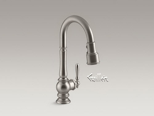 Kohler K-99261-VS; Artifacts(R); single-hole kitchen sink faucet with 16" pull-down spout and turned lever handle DockNetik(TM); magnetic docking system and 3-function sprayhead featuring Sweep(TM) and BerrySoft(TM) spray; in Vibrant Stainless