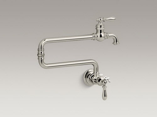 Kohler K-99270-SN; Artifacts(R); single-hole wall-mount pot filler kitchen sink faucet with 22" extended spout; in Vibrant Polished Nickel