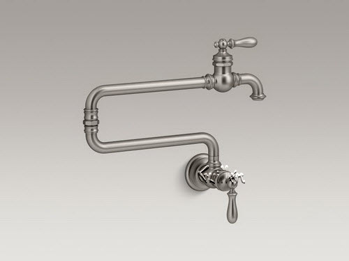 Kohler K-99270-VS; Artifacts(R); single-hole wall-mount pot filler kitchen sink faucet with 22" extended spout; in Vibrant Stainless